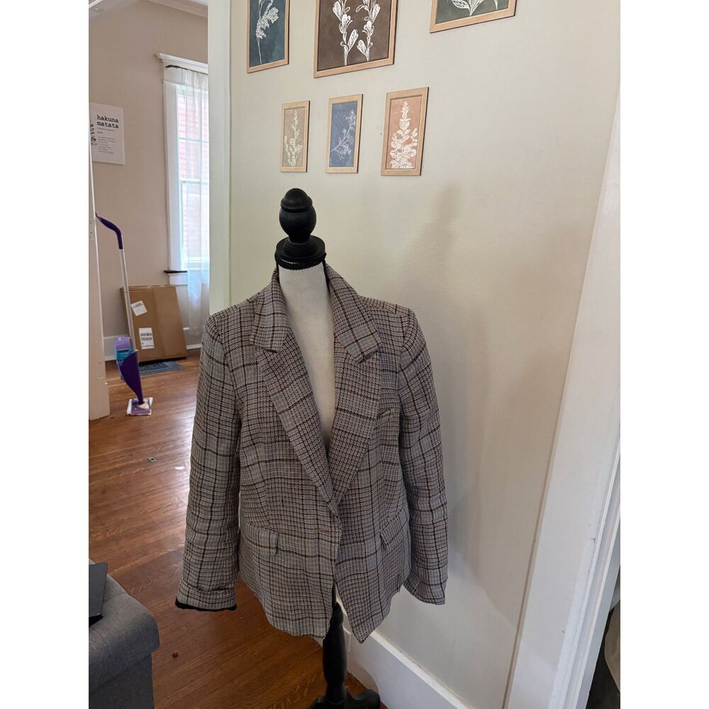 Anthropologie Free People Plaid Knit Blazer Jacket Women's Medium Blue Tan